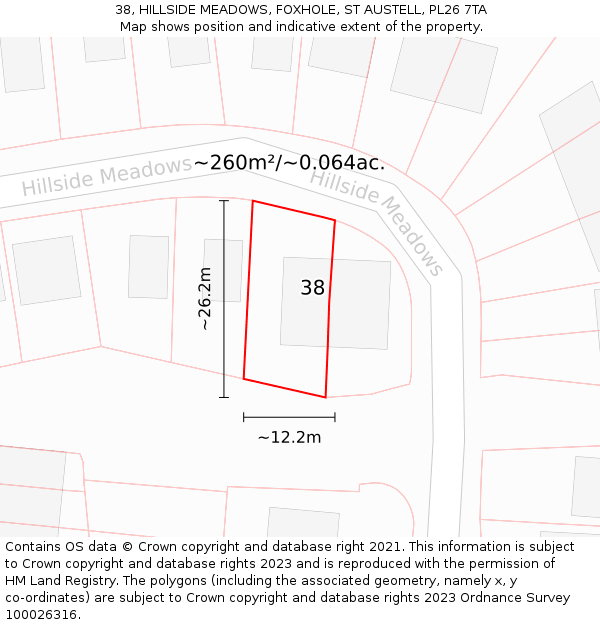 38, HILLSIDE MEADOWS, FOXHOLE, ST AUSTELL, PL26 7TA: Plot and title map