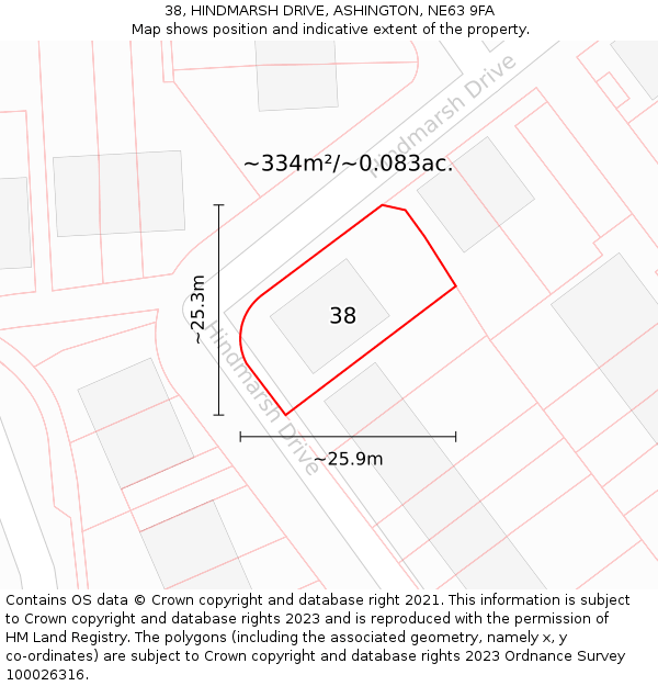 38, HINDMARSH DRIVE, ASHINGTON, NE63 9FA: Plot and title map