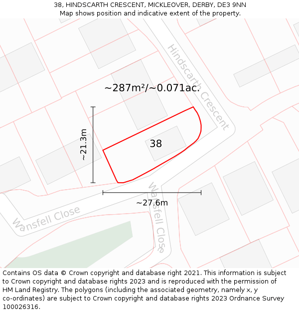 38, HINDSCARTH CRESCENT, MICKLEOVER, DERBY, DE3 9NN: Plot and title map
