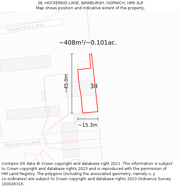 38, HOCKERING LANE, BAWBURGH, NORWICH, NR9 3LR: Plot and title map