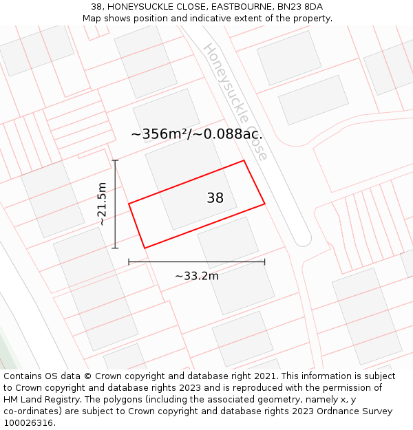 38, HONEYSUCKLE CLOSE, EASTBOURNE, BN23 8DA: Plot and title map