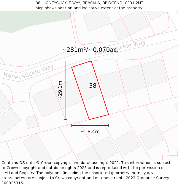 38, HONEYSUCKLE WAY, BRACKLA, BRIDGEND, CF31 2NT: Plot and title map