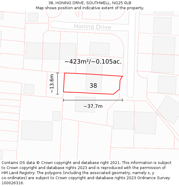 38, HONING DRIVE, SOUTHWELL, NG25 0LB: Plot and title map