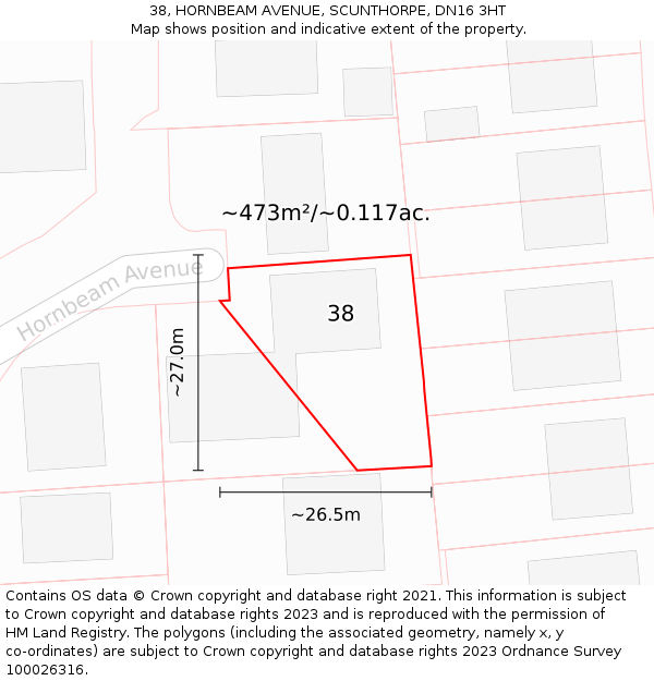 38, HORNBEAM AVENUE, SCUNTHORPE, DN16 3HT: Plot and title map