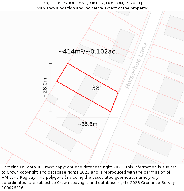 38, HORSESHOE LANE, KIRTON, BOSTON, PE20 1LJ: Plot and title map