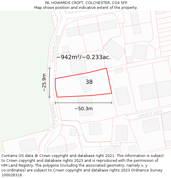 38, HOWARDS CROFT, COLCHESTER, CO4 5FP: Plot and title map