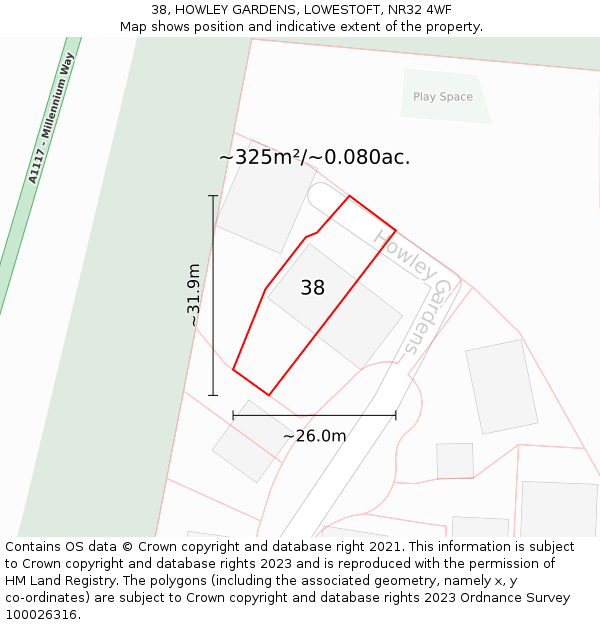 38, HOWLEY GARDENS, LOWESTOFT, NR32 4WF: Plot and title map
