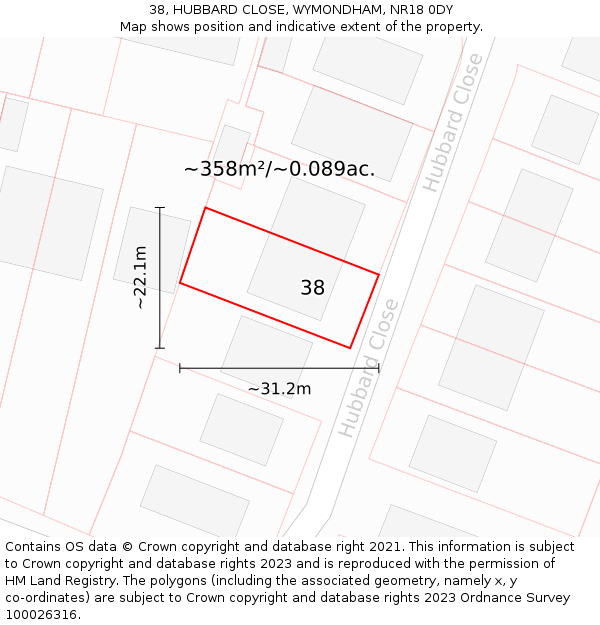 38, HUBBARD CLOSE, WYMONDHAM, NR18 0DY: Plot and title map