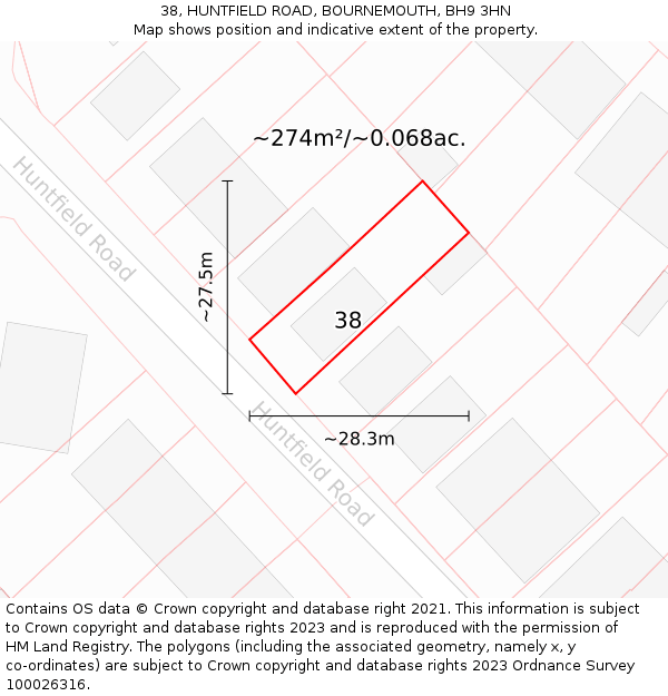 38, HUNTFIELD ROAD, BOURNEMOUTH, BH9 3HN: Plot and title map