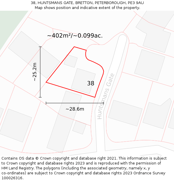 38, HUNTSMANS GATE, BRETTON, PETERBOROUGH, PE3 9AU: Plot and title map