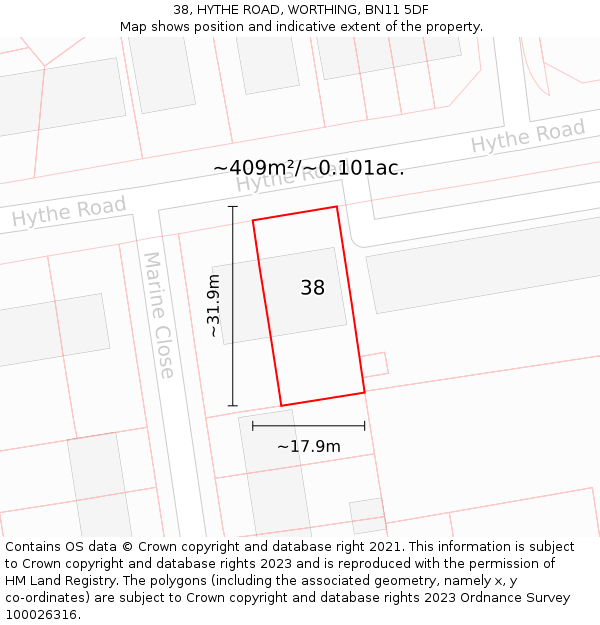 38, HYTHE ROAD, WORTHING, BN11 5DF: Plot and title map