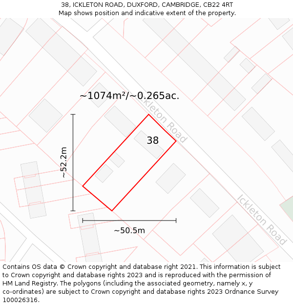38, ICKLETON ROAD, DUXFORD, CAMBRIDGE, CB22 4RT: Plot and title map