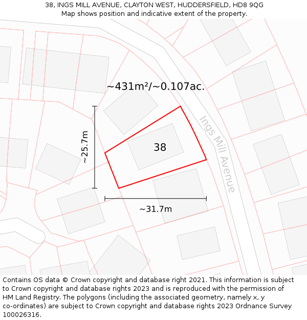 38, INGS MILL AVENUE, CLAYTON WEST, HUDDERSFIELD, HD8 9QG: Plot and title map