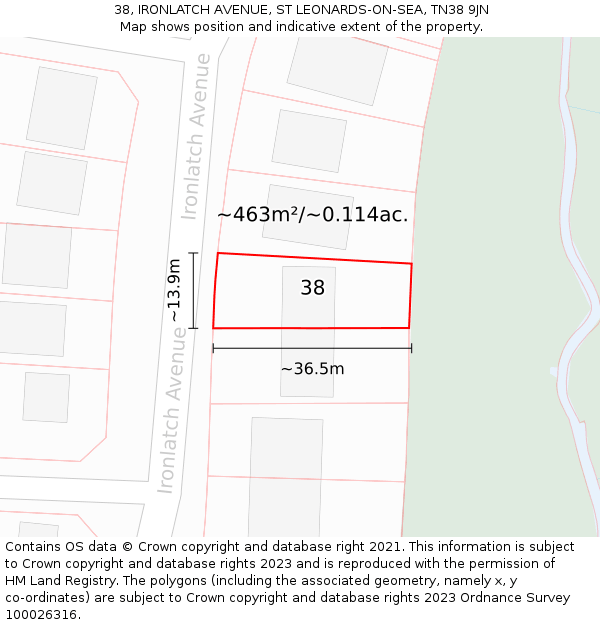 38, IRONLATCH AVENUE, ST LEONARDS-ON-SEA, TN38 9JN: Plot and title map