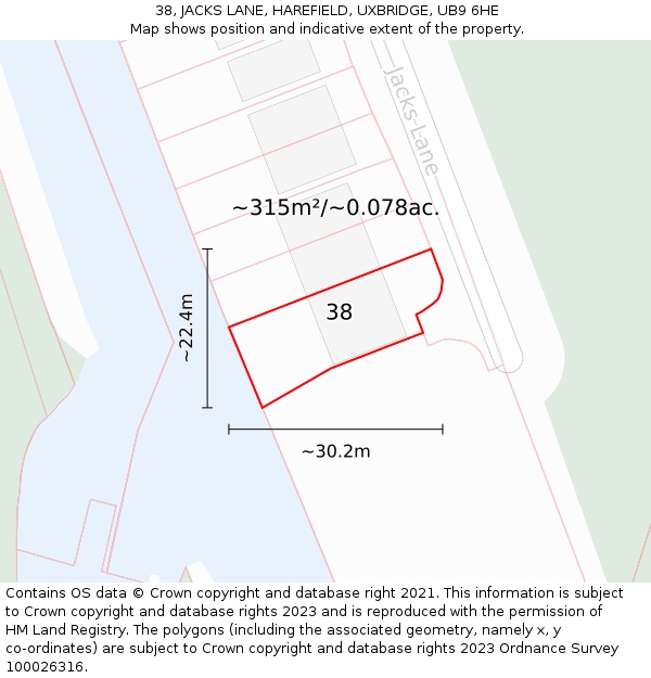 38, JACKS LANE, HAREFIELD, UXBRIDGE, UB9 6HE: Plot and title map