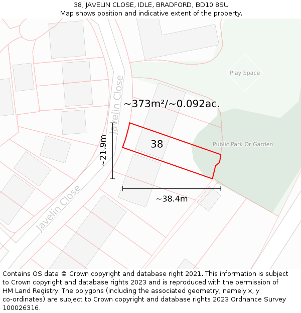 38, JAVELIN CLOSE, IDLE, BRADFORD, BD10 8SU: Plot and title map