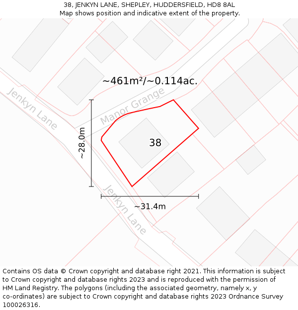 38, JENKYN LANE, SHEPLEY, HUDDERSFIELD, HD8 8AL: Plot and title map