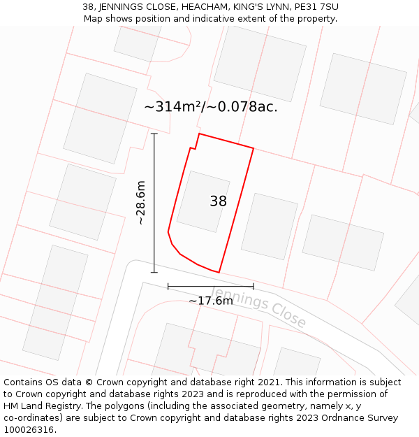 38, JENNINGS CLOSE, HEACHAM, KING'S LYNN, PE31 7SU: Plot and title map