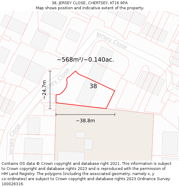 38, JERSEY CLOSE, CHERTSEY, KT16 9PA: Plot and title map