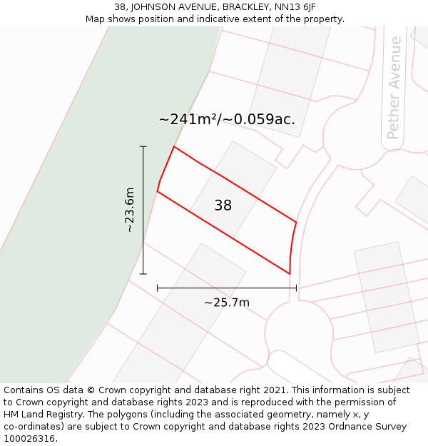 38, JOHNSON AVENUE, BRACKLEY, NN13 6JF: Plot and title map