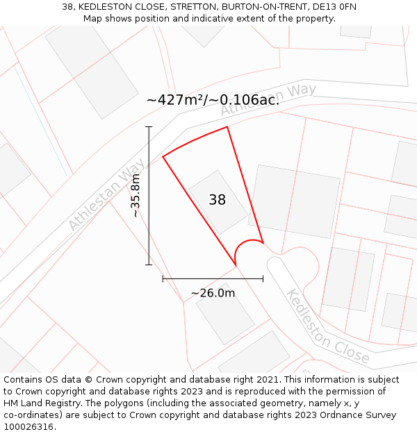 38, KEDLESTON CLOSE, STRETTON, BURTON-ON-TRENT, DE13 0FN: Plot and title map