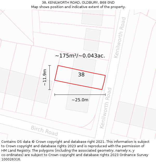38, KENILWORTH ROAD, OLDBURY, B68 0ND: Plot and title map