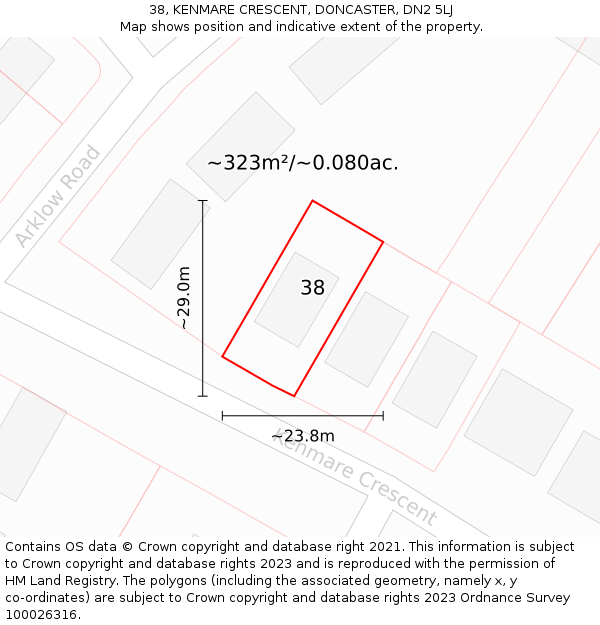 38, KENMARE CRESCENT, DONCASTER, DN2 5LJ: Plot and title map