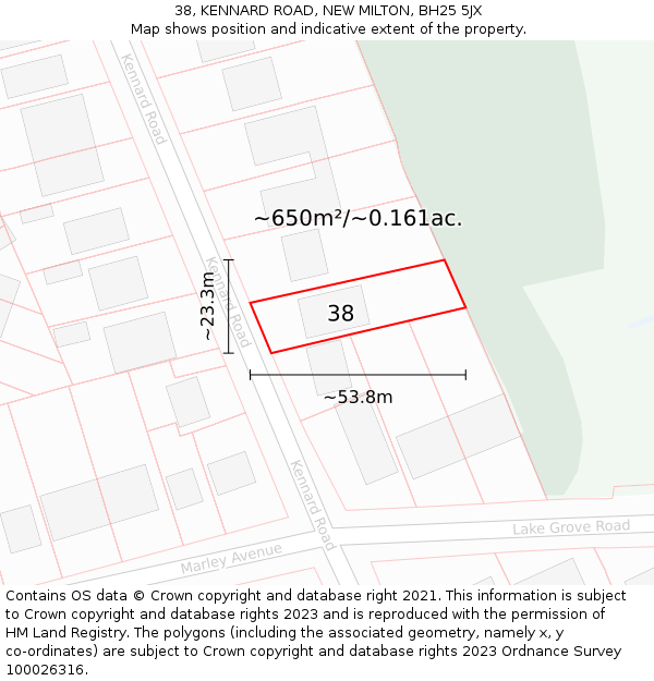 38, KENNARD ROAD, NEW MILTON, BH25 5JX: Plot and title map