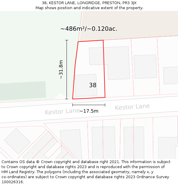38, KESTOR LANE, LONGRIDGE, PRESTON, PR3 3JX: Plot and title map