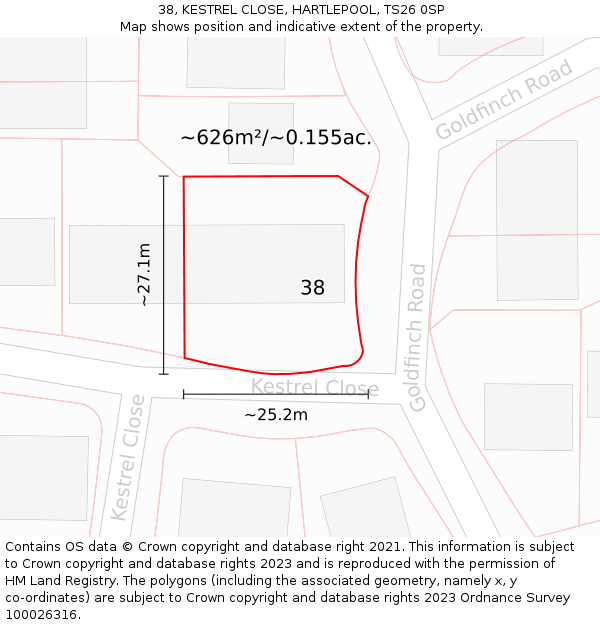 38, KESTREL CLOSE, HARTLEPOOL, TS26 0SP: Plot and title map