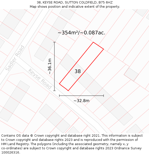 38, KEYSE ROAD, SUTTON COLDFIELD, B75 6HZ: Plot and title map