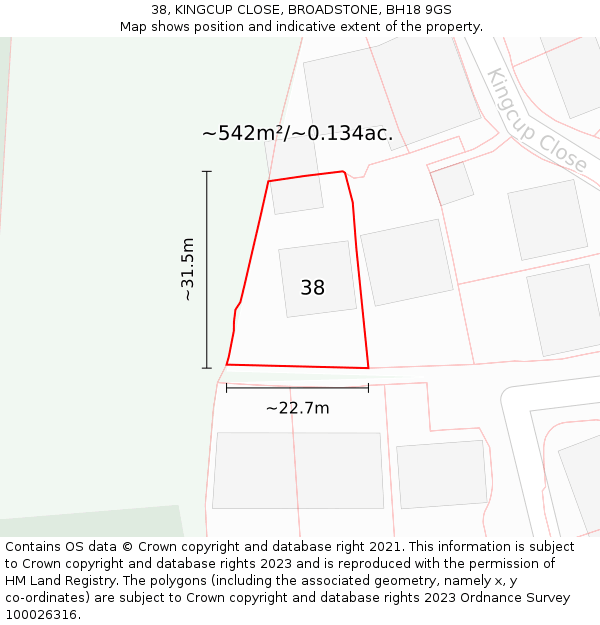 38, KINGCUP CLOSE, BROADSTONE, BH18 9GS: Plot and title map