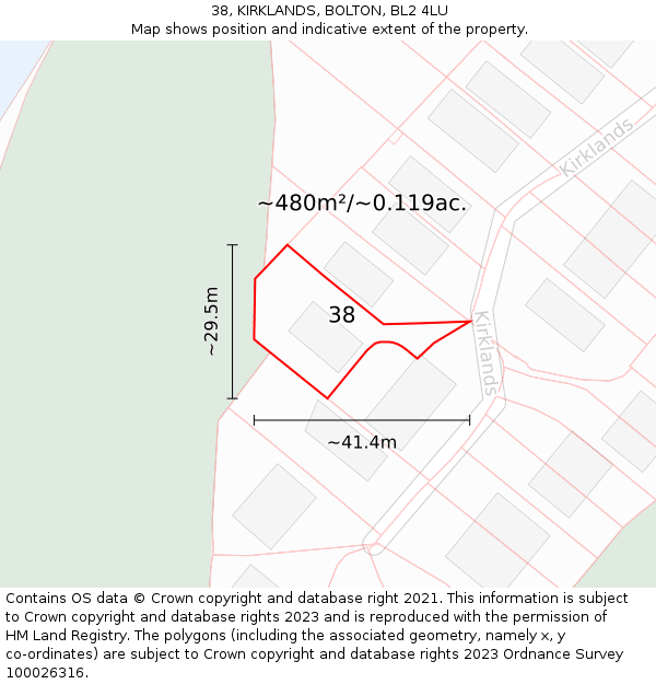 38, KIRKLANDS, BOLTON, BL2 4LU: Plot and title map