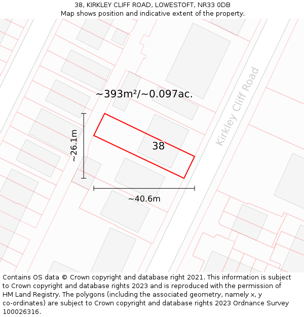 38, KIRKLEY CLIFF ROAD, LOWESTOFT, NR33 0DB: Plot and title map