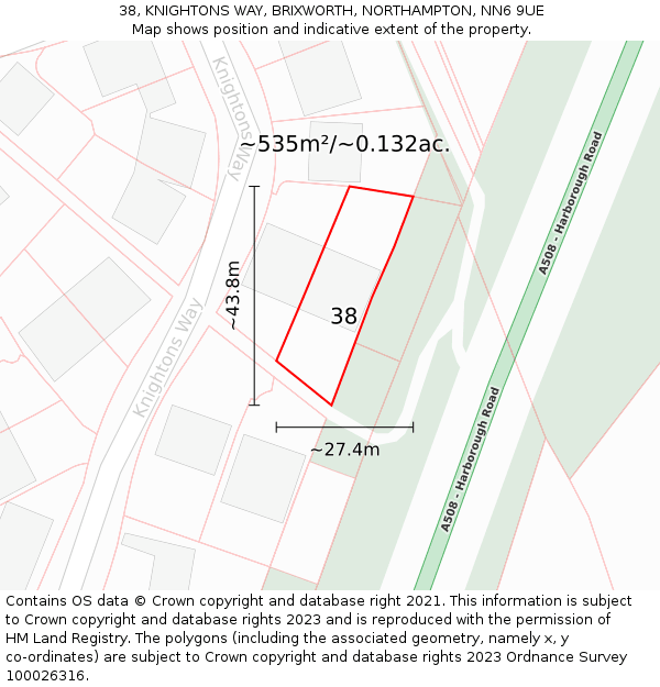 38, KNIGHTONS WAY, BRIXWORTH, NORTHAMPTON, NN6 9UE: Plot and title map