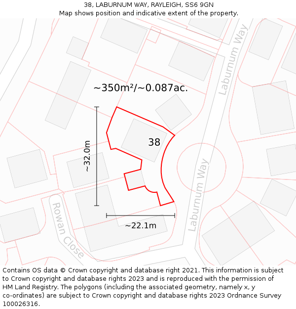 38, LABURNUM WAY, RAYLEIGH, SS6 9GN: Plot and title map