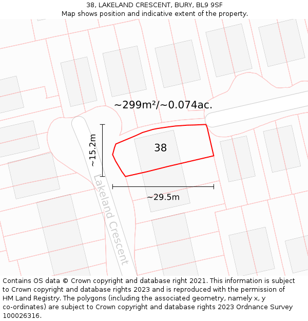 38, LAKELAND CRESCENT, BURY, BL9 9SF: Plot and title map