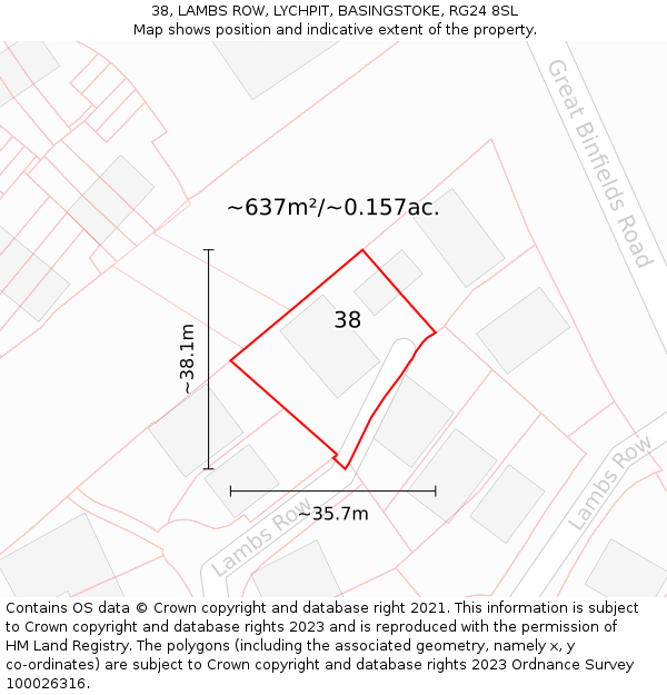 38, LAMBS ROW, LYCHPIT, BASINGSTOKE, RG24 8SL: Plot and title map