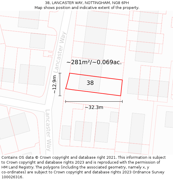 38, LANCASTER WAY, NOTTINGHAM, NG8 6PH: Plot and title map