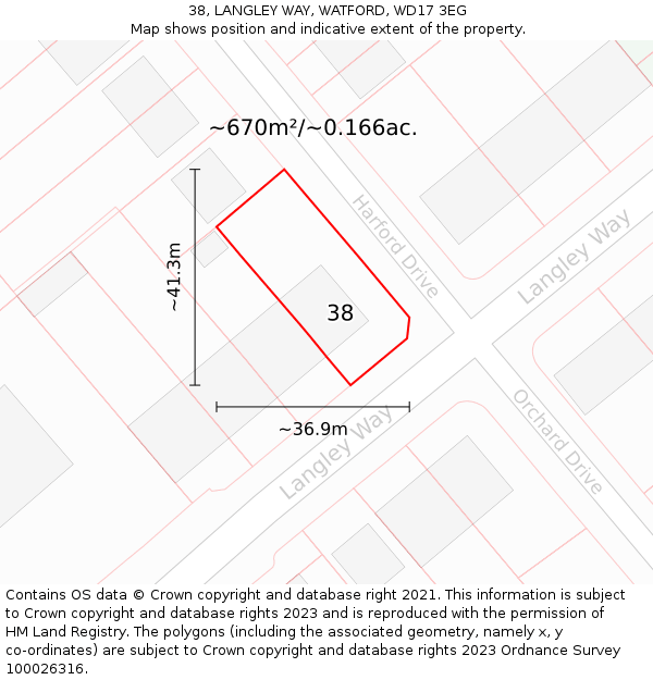 38, LANGLEY WAY, WATFORD, WD17 3EG: Plot and title map