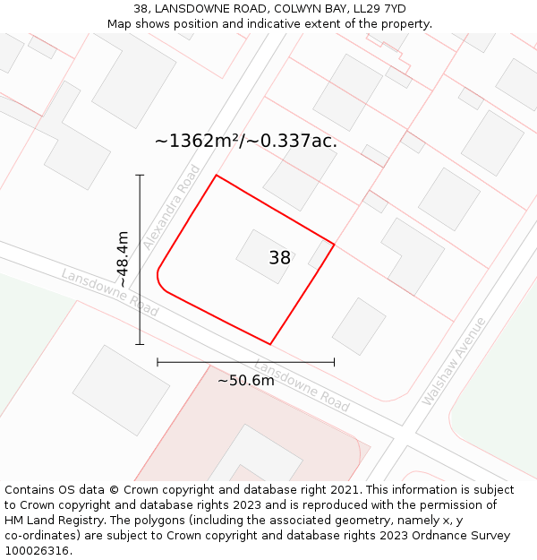 38, LANSDOWNE ROAD, COLWYN BAY, LL29 7YD: Plot and title map