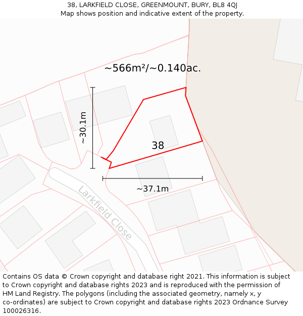 38, LARKFIELD CLOSE, GREENMOUNT, BURY, BL8 4QJ: Plot and title map