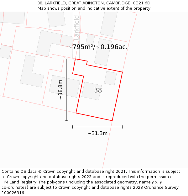 38, LARKFIELD, GREAT ABINGTON, CAMBRIDGE, CB21 6DJ: Plot and title map