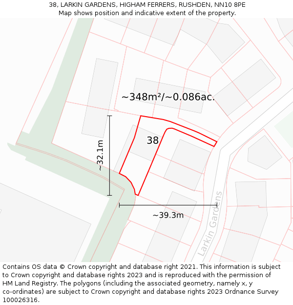 38, LARKIN GARDENS, HIGHAM FERRERS, RUSHDEN, NN10 8PE: Plot and title map