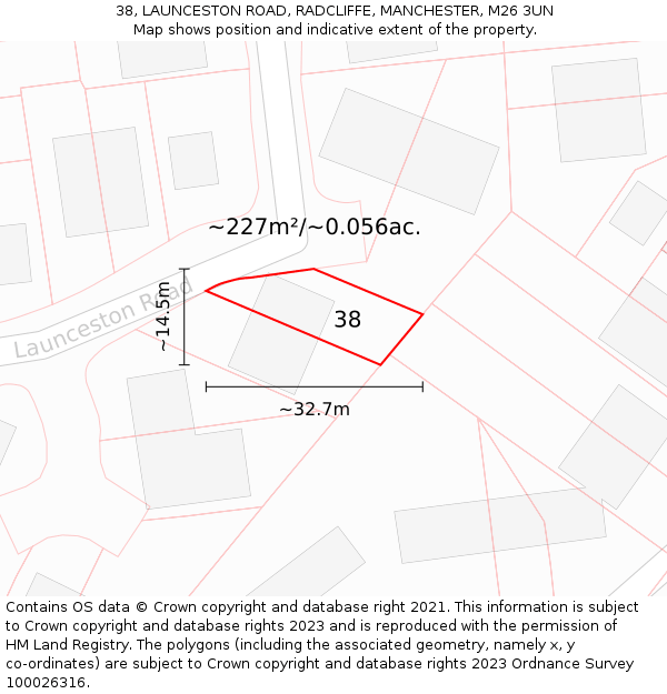 38, LAUNCESTON ROAD, RADCLIFFE, MANCHESTER, M26 3UN: Plot and title map