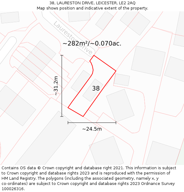 38, LAURESTON DRIVE, LEICESTER, LE2 2AQ: Plot and title map
