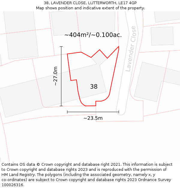 38, LAVENDER CLOSE, LUTTERWORTH, LE17 4GP: Plot and title map