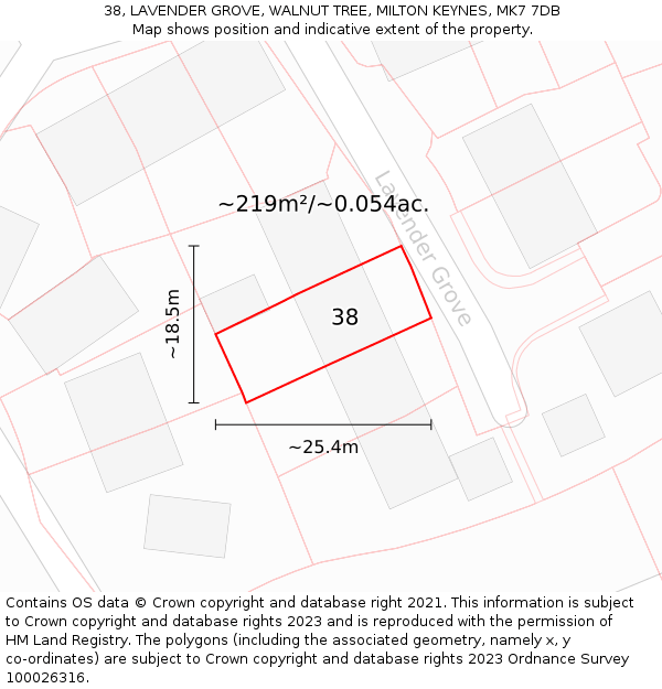 38, LAVENDER GROVE, WALNUT TREE, MILTON KEYNES, MK7 7DB: Plot and title map