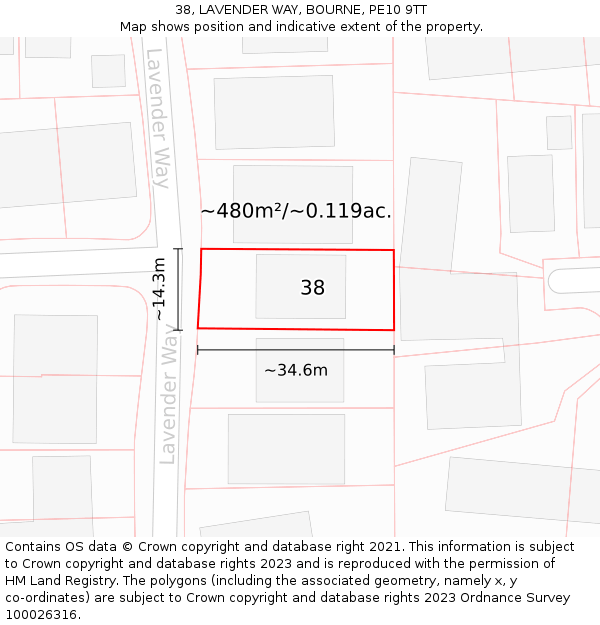 38, LAVENDER WAY, BOURNE, PE10 9TT: Plot and title map