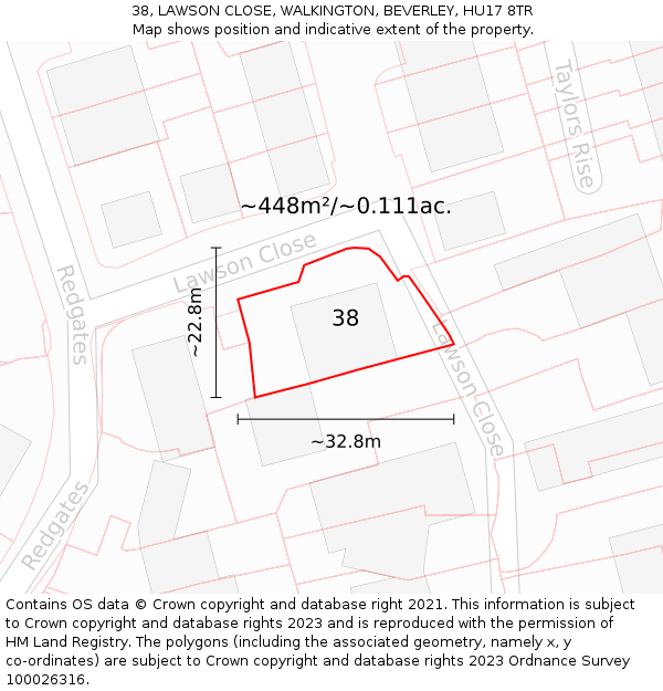 38, LAWSON CLOSE, WALKINGTON, BEVERLEY, HU17 8TR: Plot and title map